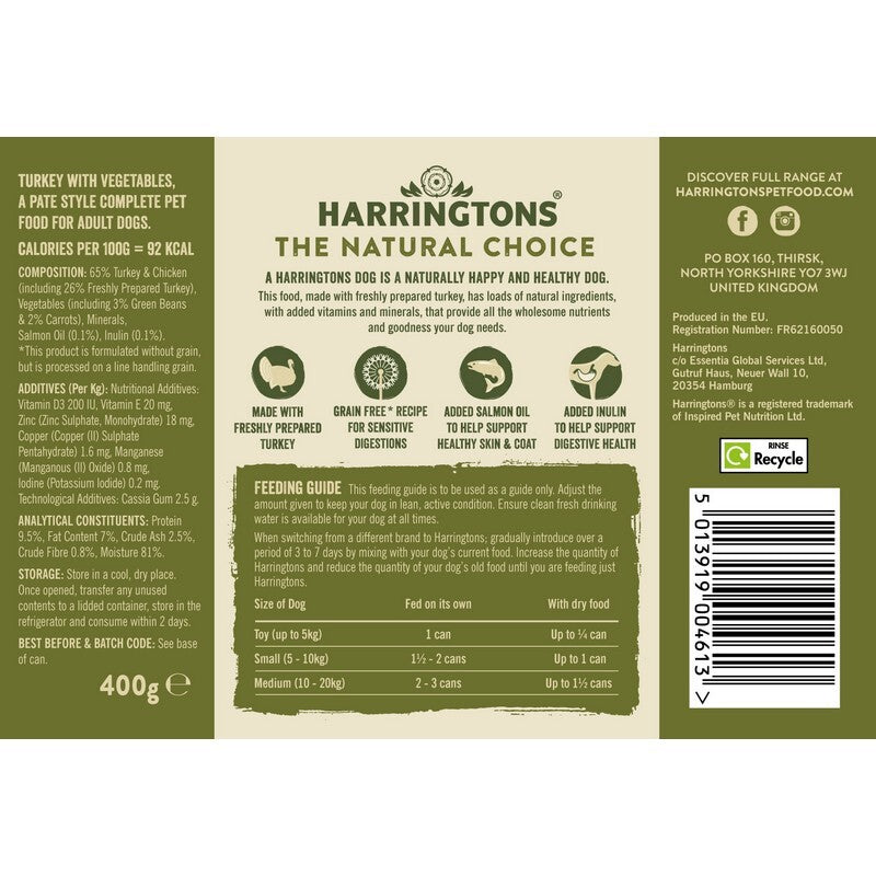 Harringtons Dog Tins GF Turkey&Veg400gx6